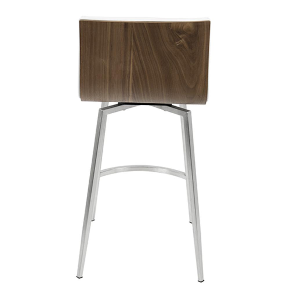 Mason Contemporary Swivel Counter Stool in Stainless Steel, Walnut Wood, and White Faux Leather - Set of 2. Picture 6