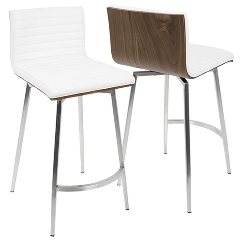 Mason Contemporary Swivel Counter Stool in Stainless Steel, Walnut Wood, and White Faux Leather - Set of 2. Picture 2