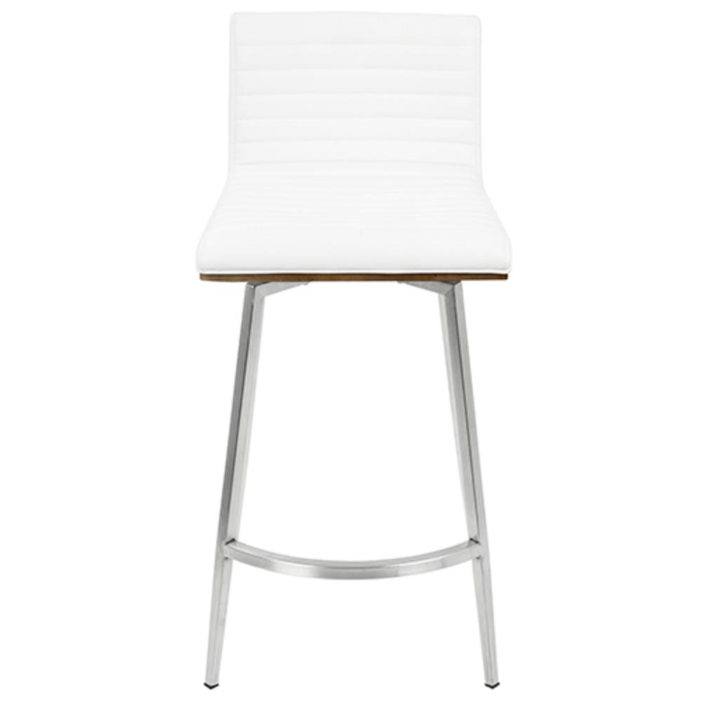 Mason Contemporary Swivel Counter Stool in Stainless Steel, Walnut Wood, and White Faux Leather - Set of 2. Picture 7