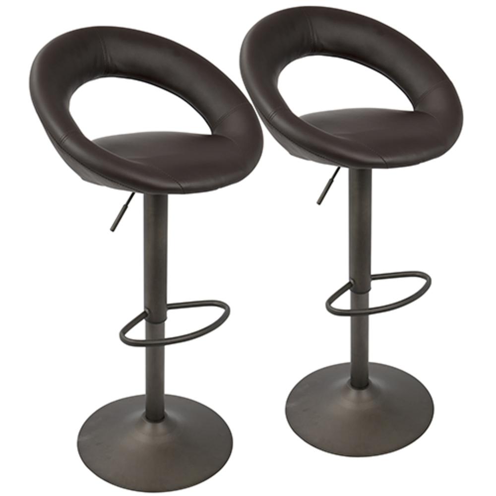 Metro Contemporary Adjustable Barstool in Antique with Brown Faux Leather - Set of 2. Picture 1