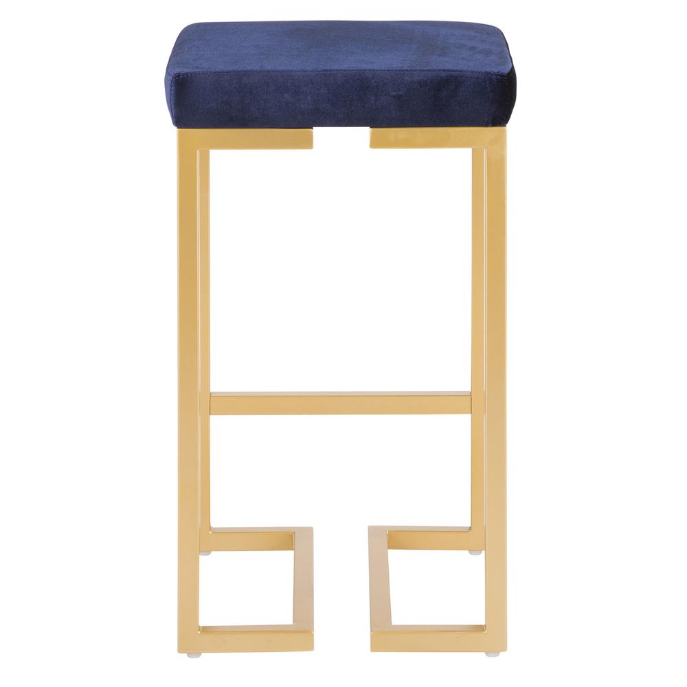 Midas 26" Contemporary-Glam Counter Stool in Gold with Blue Velvet Cushion - Set of 2. Picture 5