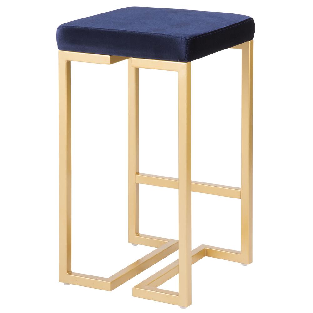 Midas 26" Contemporary-Glam Counter Stool in Gold with Blue Velvet Cushion - Set of 2. Picture 4
