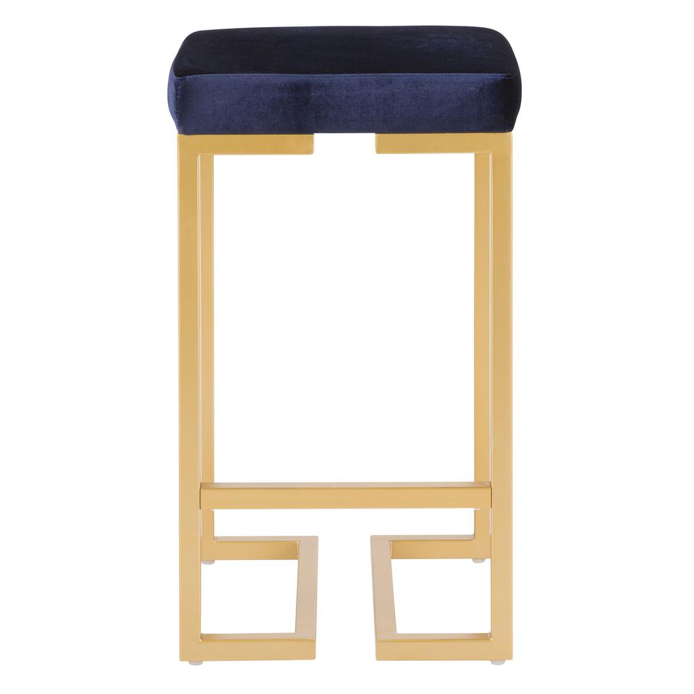 Midas 26" Contemporary-Glam Counter Stool in Gold with Blue Velvet Cushion - Set of 2. Picture 6