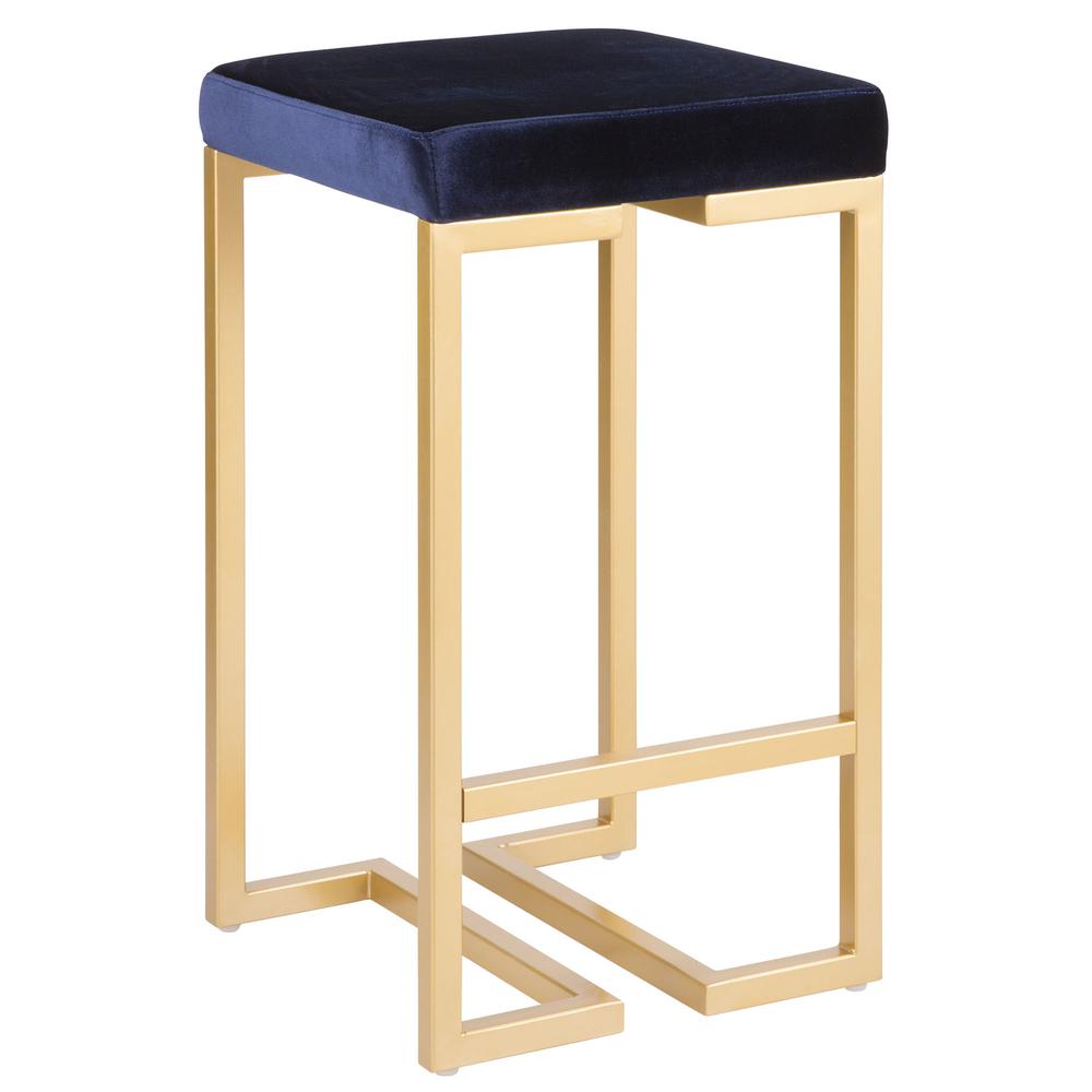 Midas 26" Contemporary-Glam Counter Stool in Gold with Blue Velvet Cushion - Set of 2. Picture 2