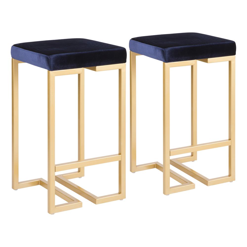 Midas 26" Contemporary-Glam Counter Stool in Gold with Blue Velvet Cushion - Set of 2. The main picture.