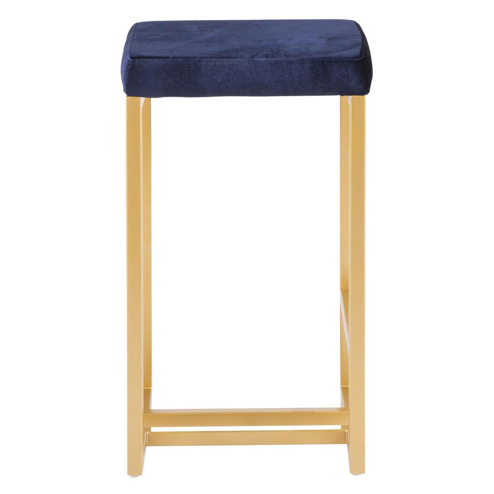 Midas 26" Contemporary-Glam Counter Stool in Gold with Blue Velvet Cushion - Set of 2. Picture 3