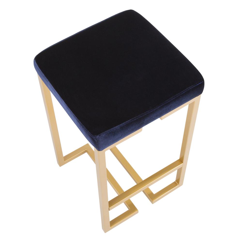 Midas 26" Contemporary-Glam Counter Stool in Gold with Blue Velvet Cushion - Set of 2. Picture 7