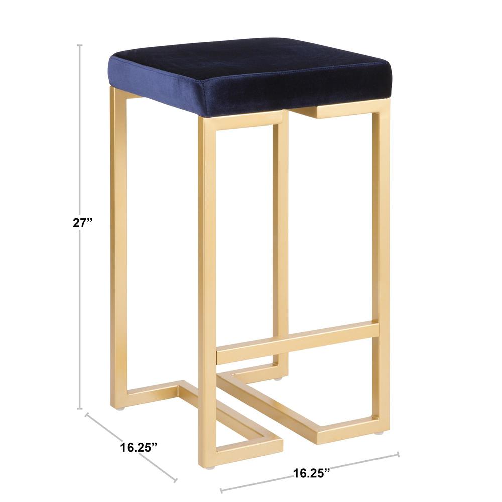 Midas 26" Contemporary-Glam Counter Stool in Gold with Blue Velvet Cushion - Set of 2. Picture 8