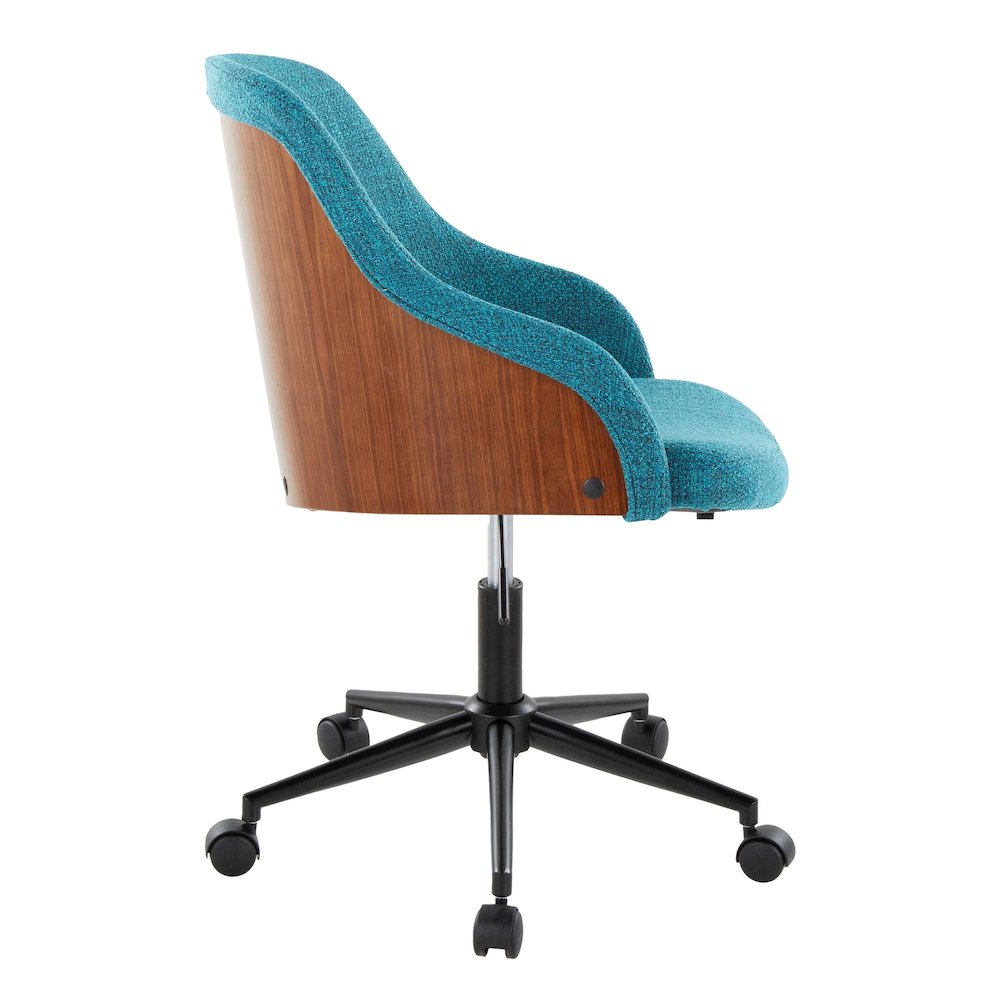 Bacci Office Chair in Black Metal, Walnut Wood, Teal Fabric color. Picture 2