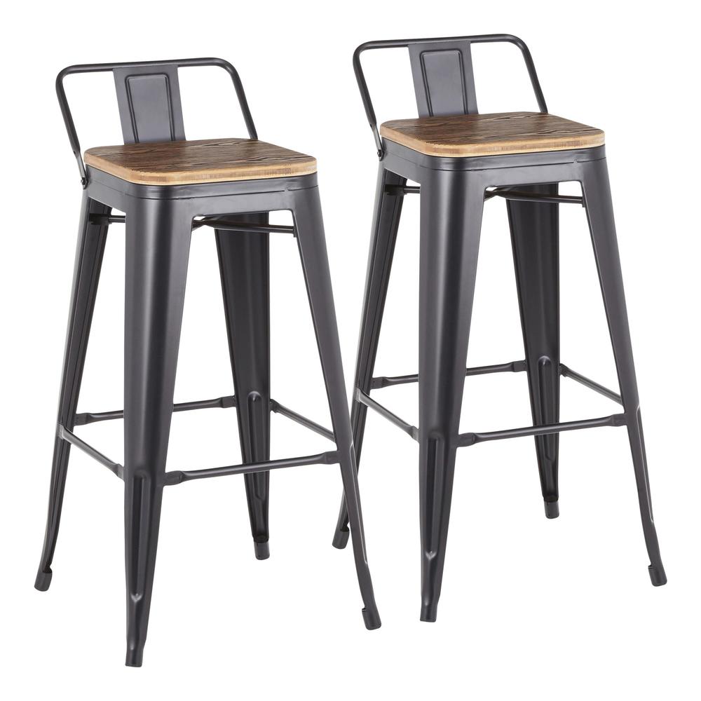 Oregon Industrial Low Back Barstool in Black Metal and Wood-Pressed Grain Bamboo - Set of 2. Picture 1