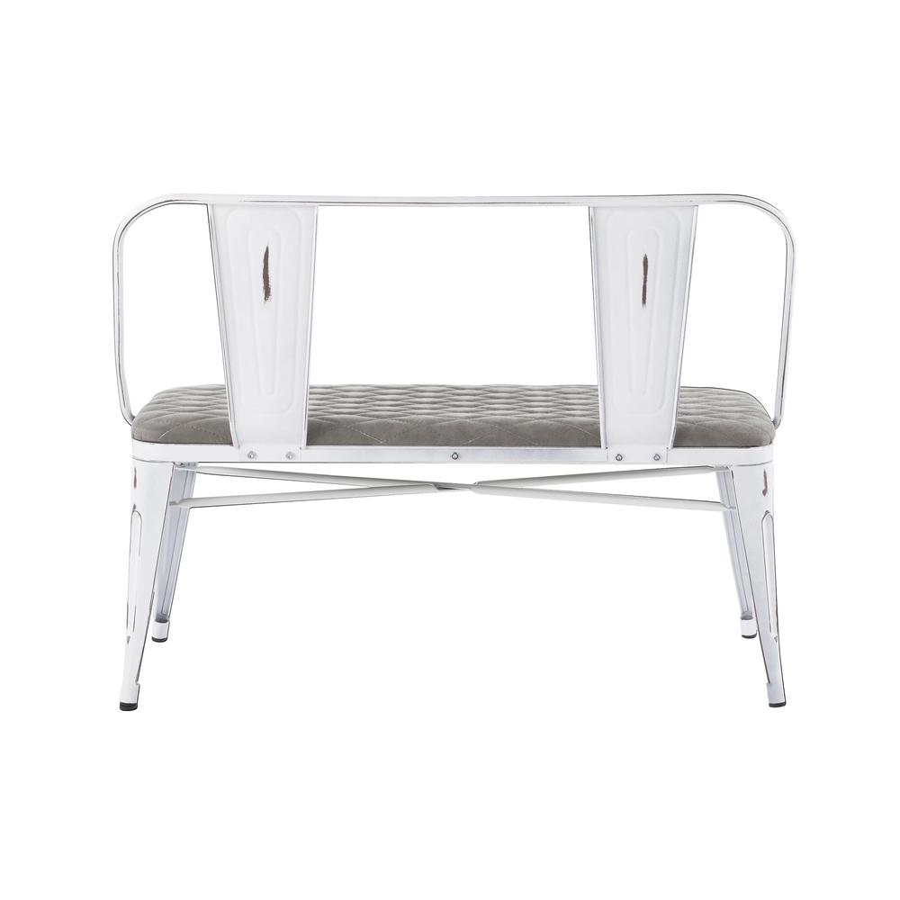Oregon Industrial Upholstered Bench in Vintage White Metal and Grey Cowboy Fabric. Picture 4