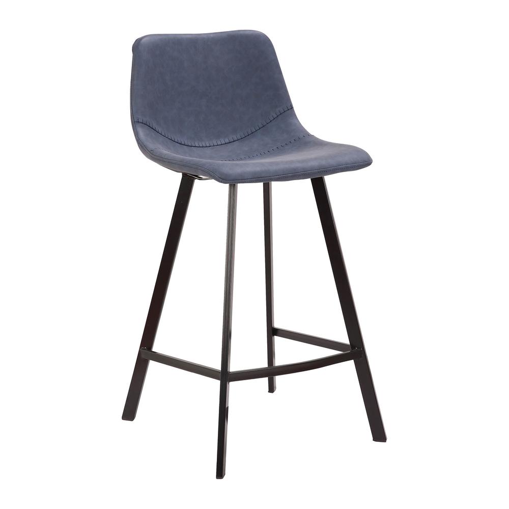 Outlaw Industrial Counter Stool in Black with Blue Faux Leather - Set of 2. Picture 2