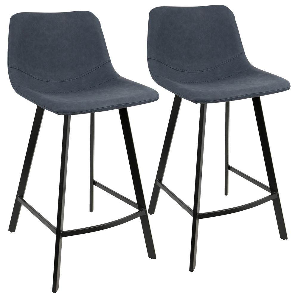 Outlaw Industrial Counter Stool in Black with Blue Faux Leather - Set of 2. Picture 1