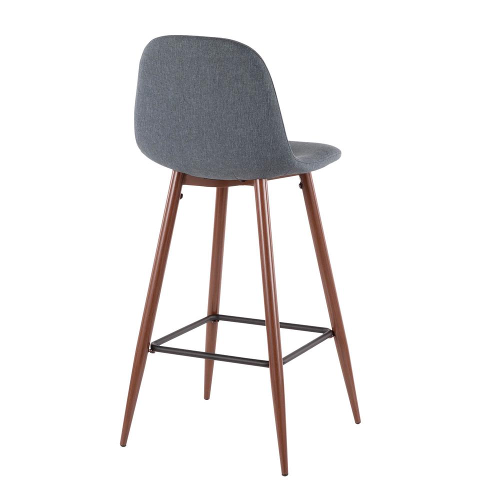 Pebble Mid-Century Modern Barstool in Walnut Metal and Blue Fabric - Set of 2. Picture 4