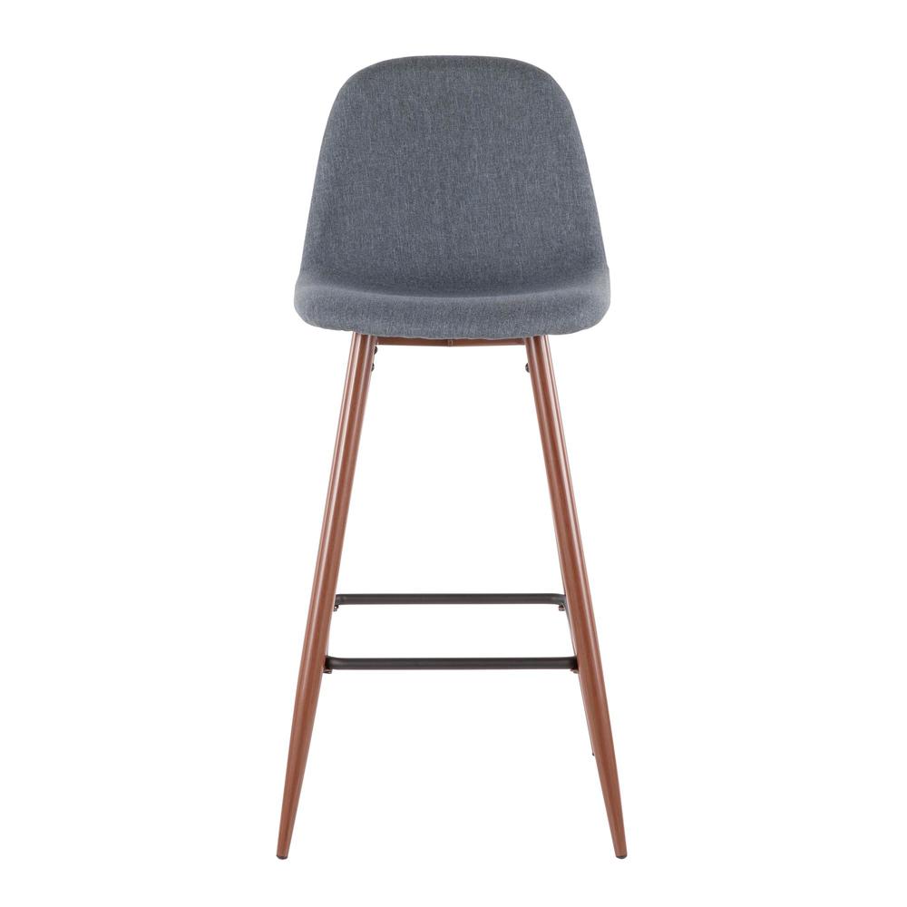 Pebble Mid-Century Modern Barstool in Walnut Metal and Blue Fabric - Set of 2. Picture 6