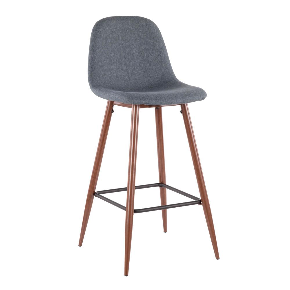 Pebble Mid-Century Modern Barstool in Walnut Metal and Blue Fabric - Set of 2. Picture 2