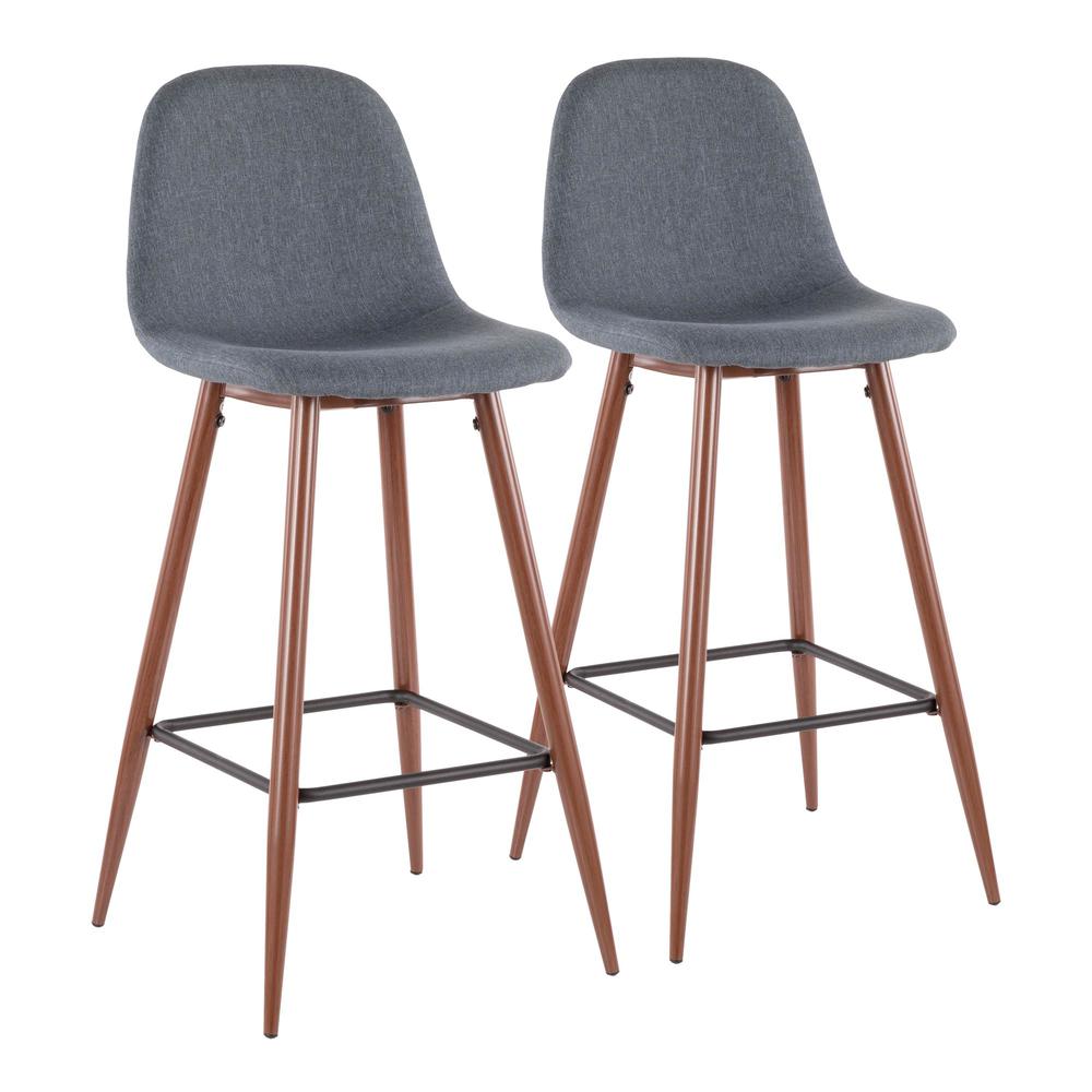 Pebble Mid-Century Modern Barstool in Walnut Metal and Blue Fabric - Set of 2. Picture 1