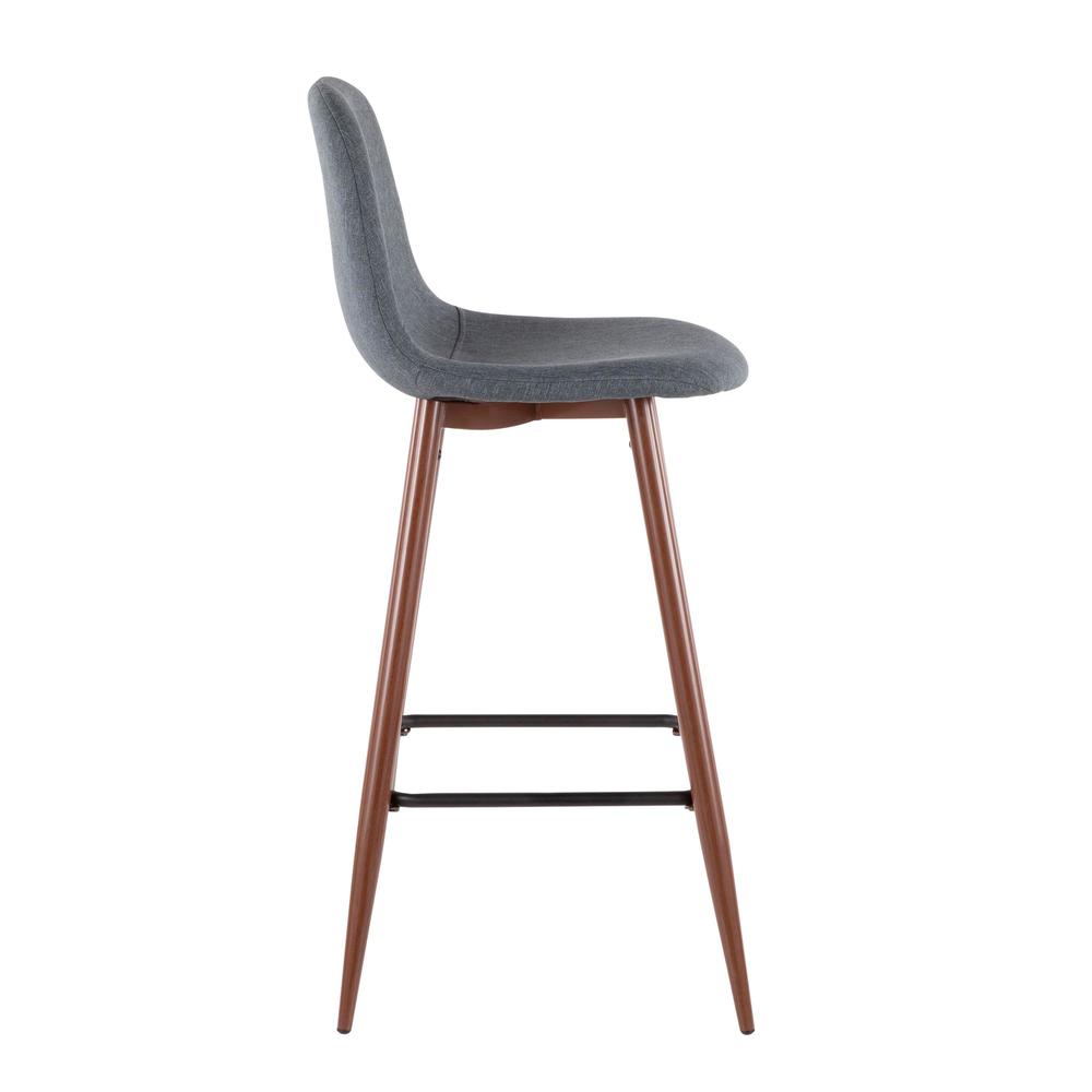 Pebble Mid-Century Modern Barstool in Walnut Metal and Blue Fabric - Set of 2. Picture 3