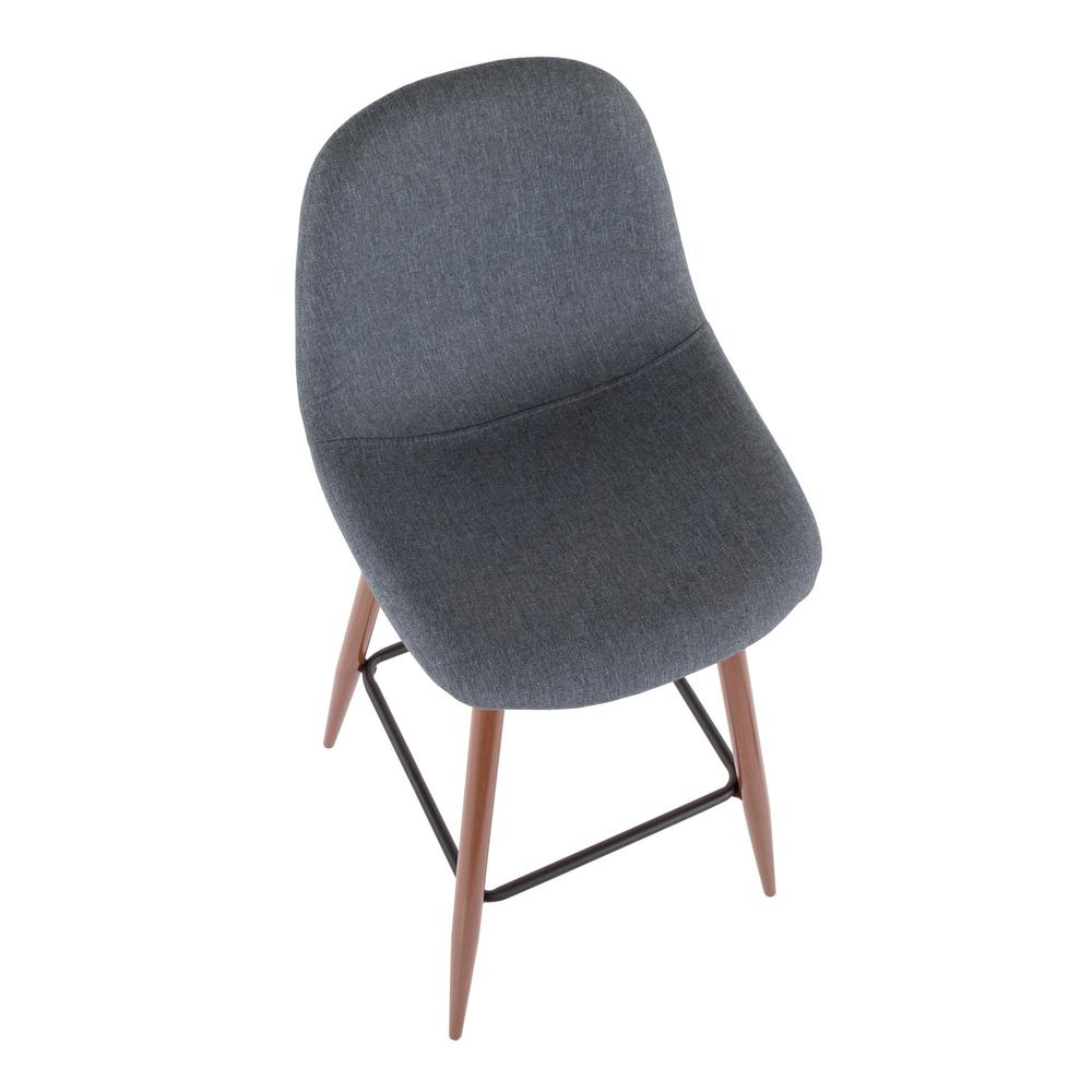 Pebble Mid-Century Modern Barstool in Walnut Metal and Blue Fabric - Set of 2. Picture 7