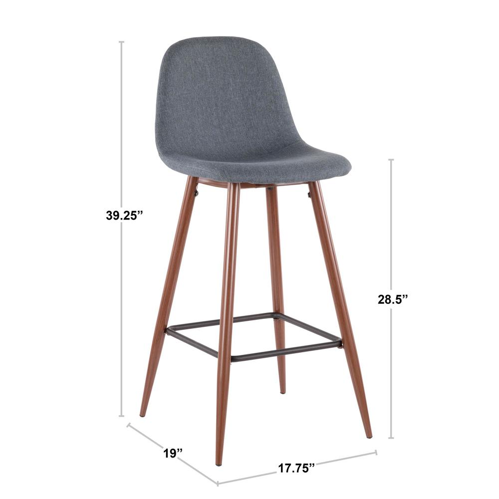 Pebble Mid-Century Modern Barstool in Walnut Metal and Blue Fabric - Set of 2. Picture 9