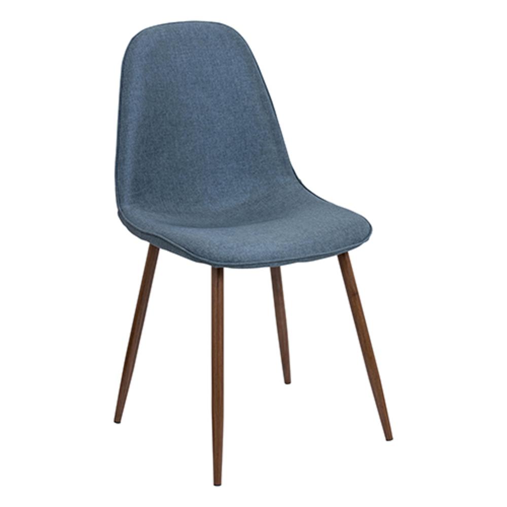 Pebble Mid-Century Modern Dining/Accent Chair in Walnut and Blue Fabric - Set of 2. Picture 2