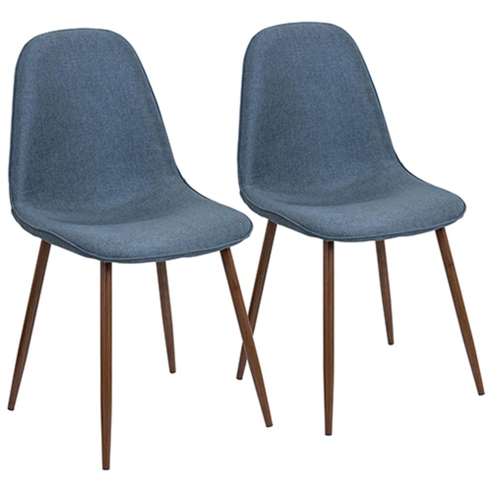 Pebble Mid-Century Modern Dining/Accent Chair in Walnut and Blue Fabric - Set of 2. Picture 1