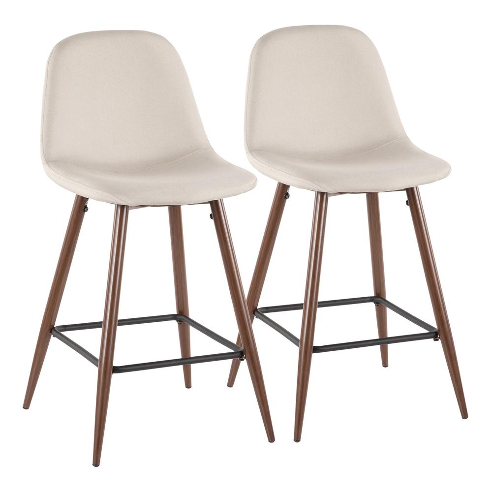 Pebble Mid-Century Modern Counter Stool in Walnut Metal and Beige Fabric - Set of 2. Picture 1