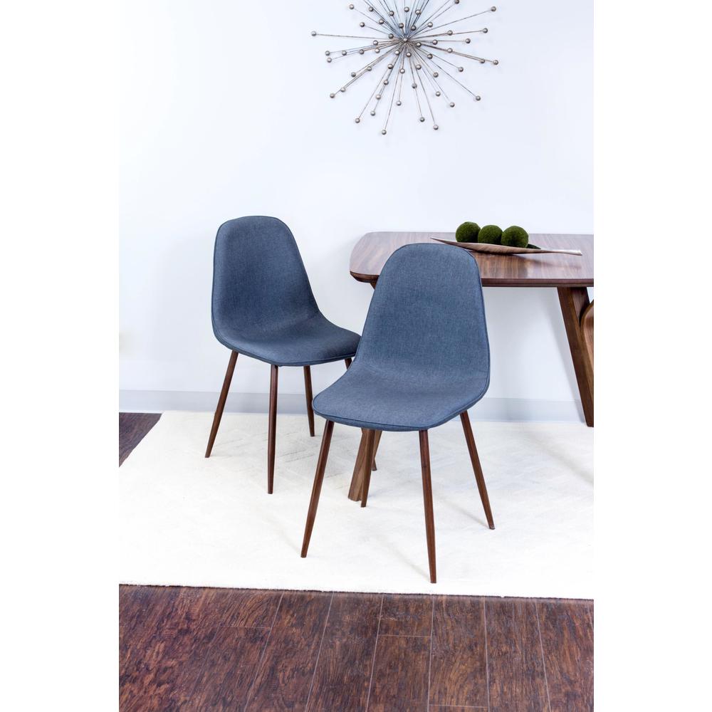 Pebble Mid-Century Modern Dining/Accent Chair in Walnut and Blue Fabric - Set of 2. Picture 11