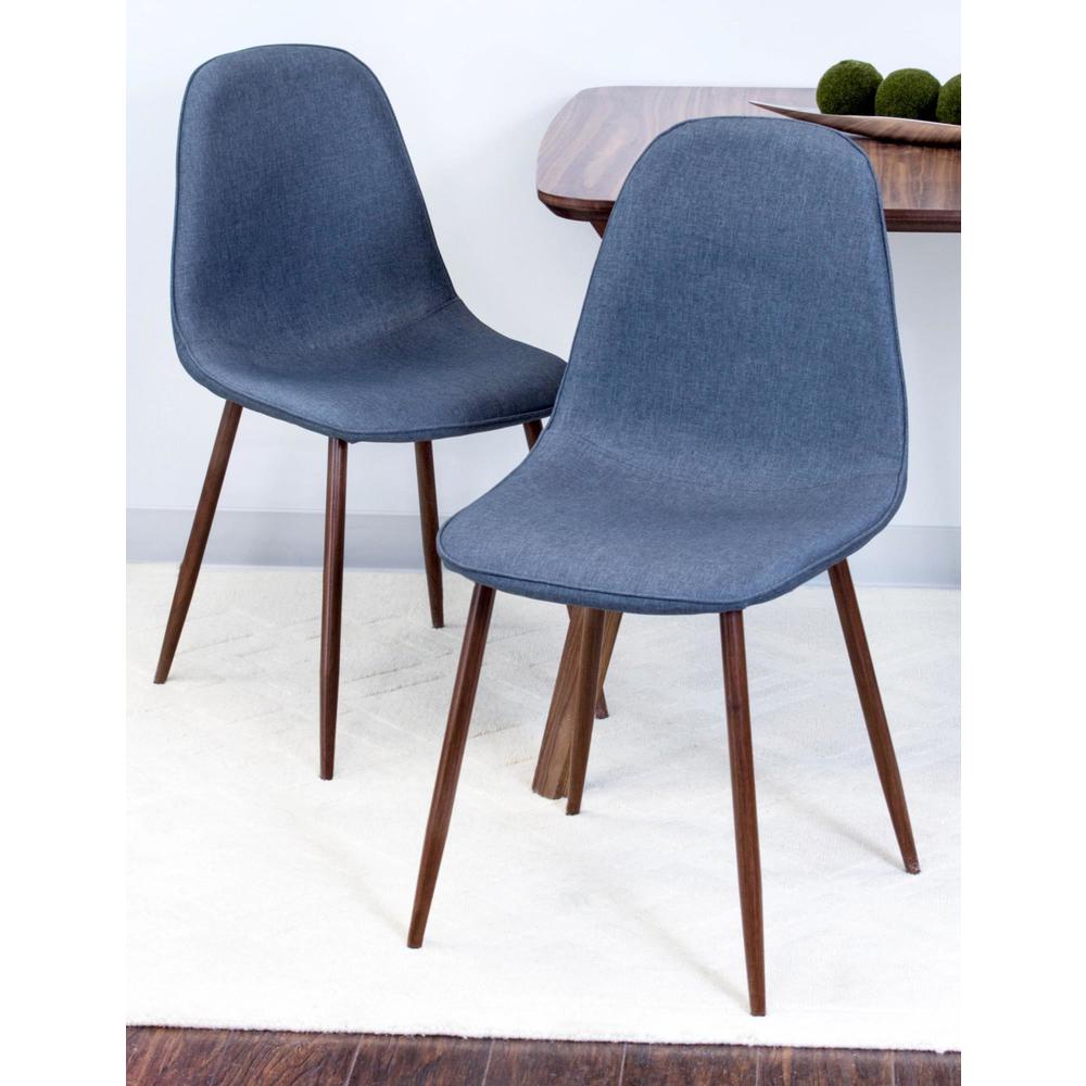 Pebble Mid-Century Modern Dining/Accent Chair in Walnut and Blue Fabric - Set of 2. Picture 12