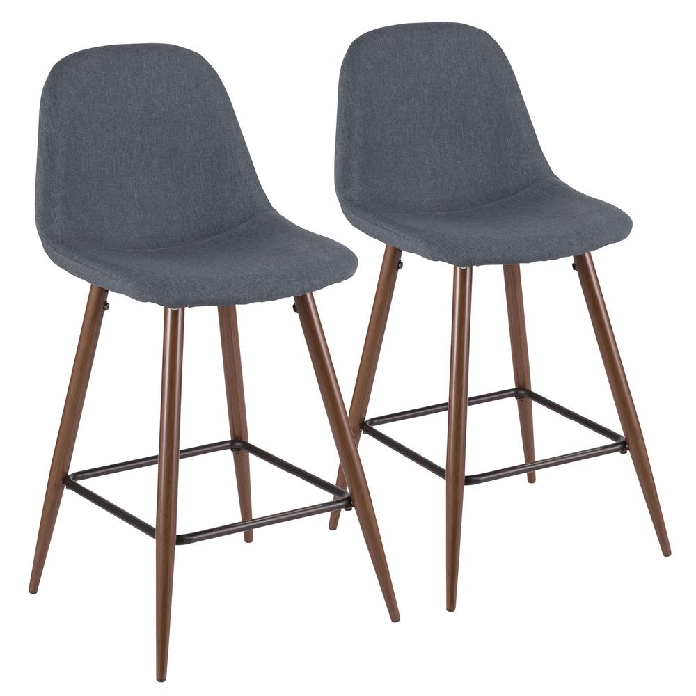 Pebble Mid-Century Modern Counter Stool in Walnut and Blue - Set of 2. Picture 1