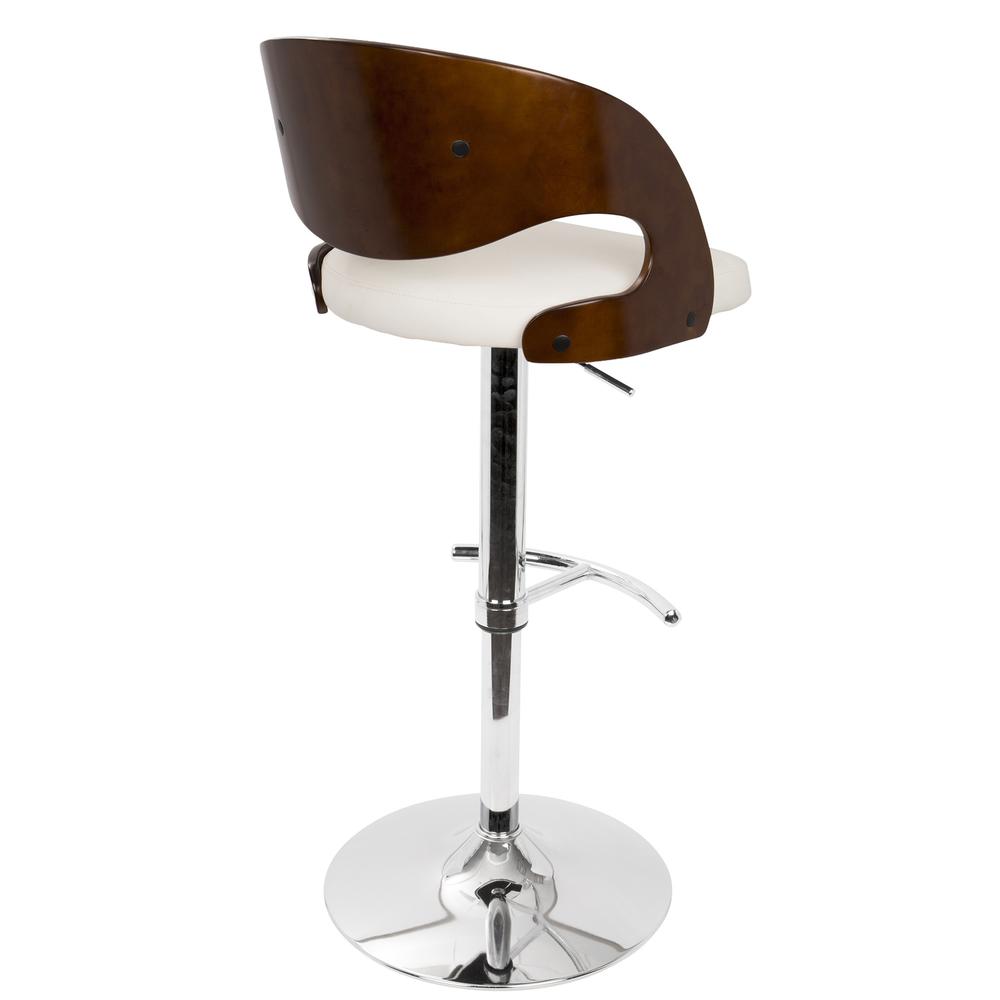 Pino Mid-Century Modern Adjustable Barstool with Swivel in Cherry and White Faux Leather. Picture 4
