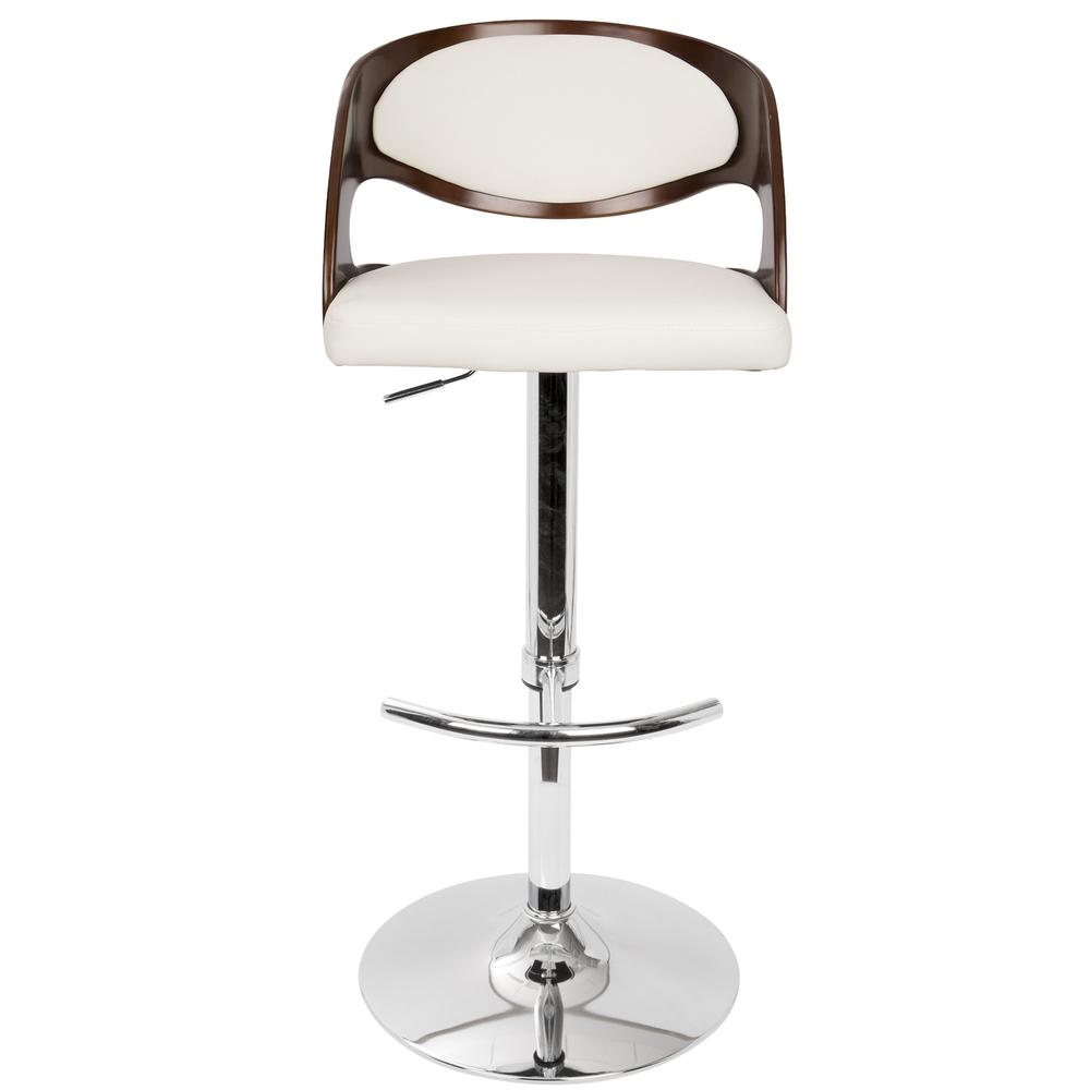 Pino Mid-Century Modern Adjustable Barstool with Swivel in Cherry and White Faux Leather. Picture 6