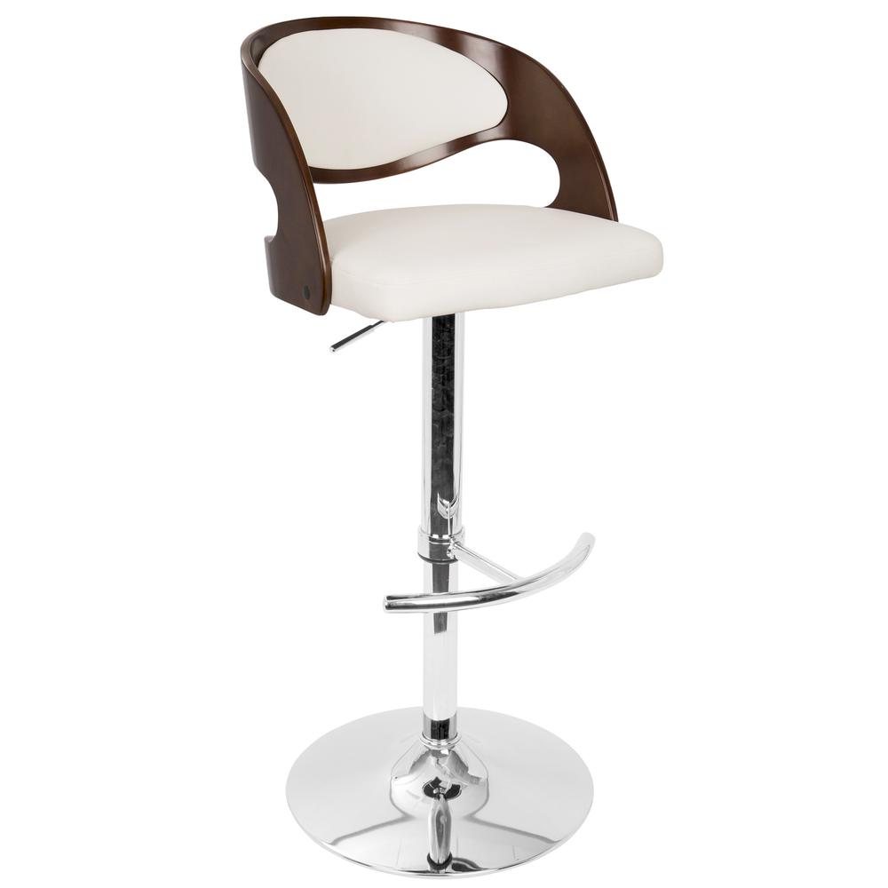 Pino Mid-Century Modern Adjustable Barstool with Swivel in Cherry and White Faux Leather. Picture 2
