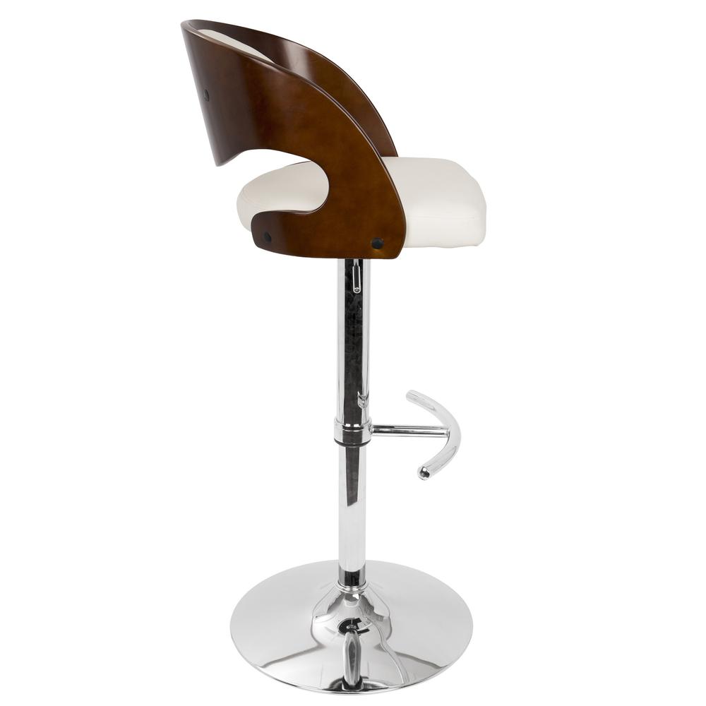 Pino Mid-Century Modern Adjustable Barstool with Swivel in Cherry and White Faux Leather. Picture 3