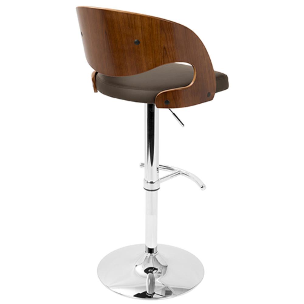 Pino Mid-Century Modern Adjustable Barstool with Swivel in Walnut and Brown Faux Leather. Picture 4