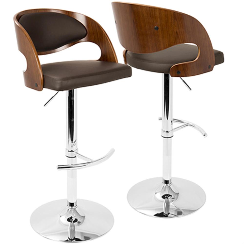 Pino Mid-Century Modern Adjustable Barstool with Swivel in Walnut and Brown Faux Leather. Picture 1