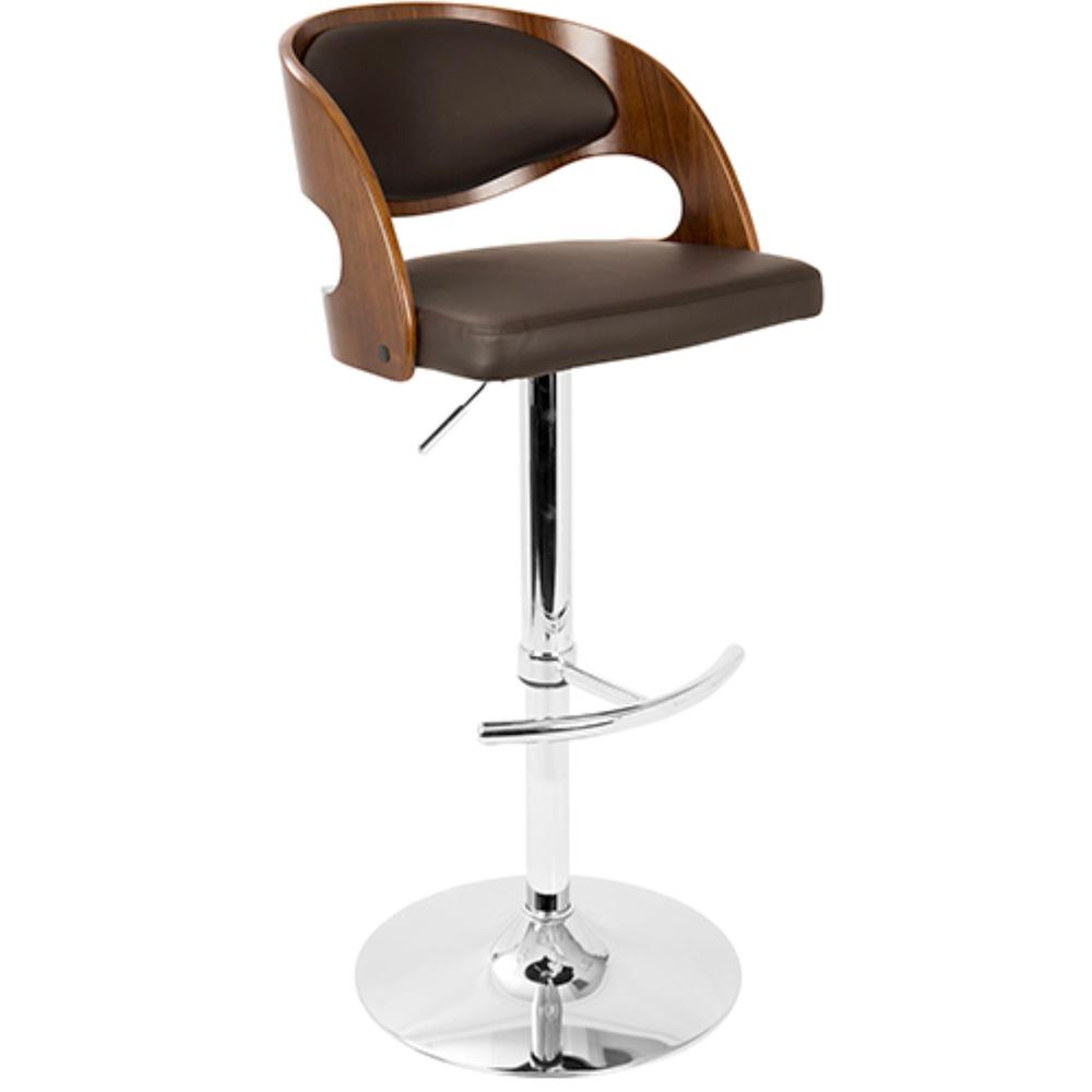 Pino Mid-Century Modern Adjustable Barstool with Swivel in Walnut and Brown Faux Leather. Picture 2