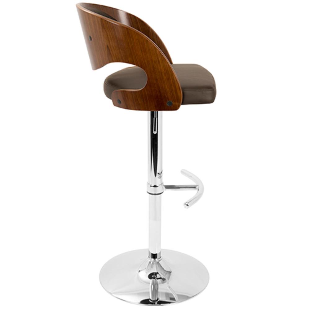 Pino Mid-Century Modern Adjustable Barstool with Swivel in Walnut and Brown Faux Leather. Picture 3