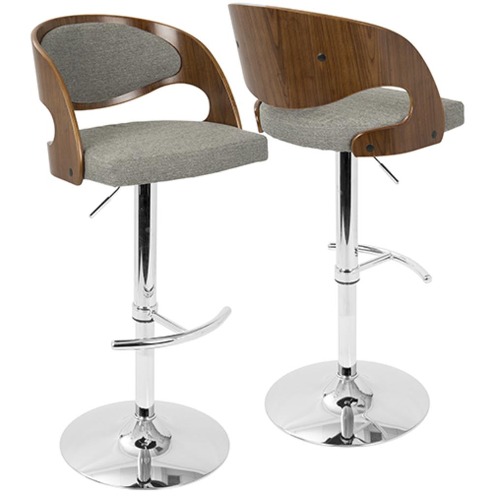 Pino Mid-Century Modern Adjustable Barstool with Swivel in Walnut and Grey Fabric. Picture 1