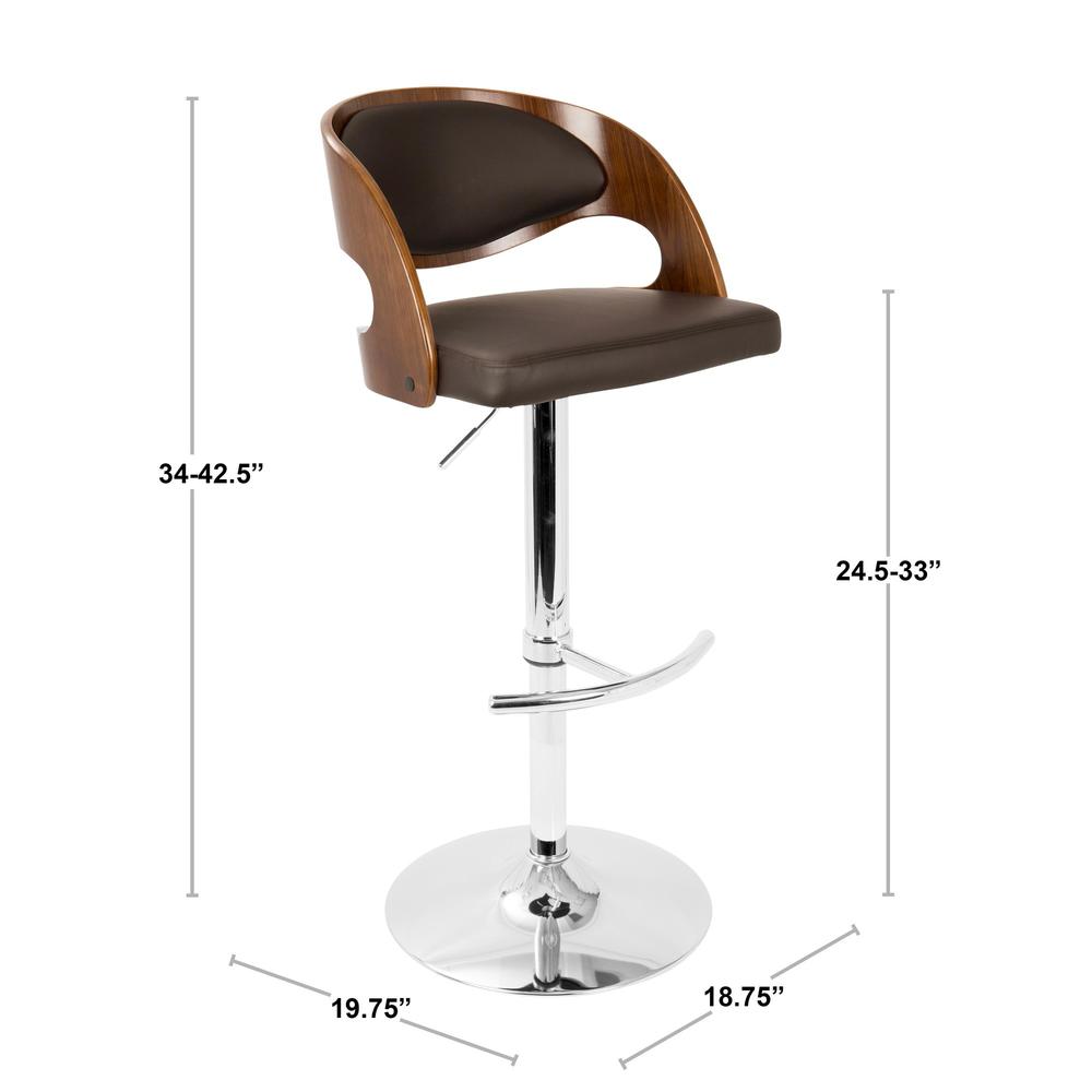 Pino Mid-Century Modern Adjustable Barstool with Swivel in Walnut and Brown Faux Leather. Picture 8