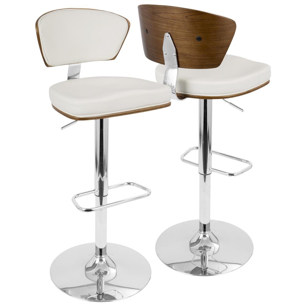 Ravinia Mid-Century Modern Adjustable Barstool with Swivel in Walnut and White Faux Leather. Picture 1