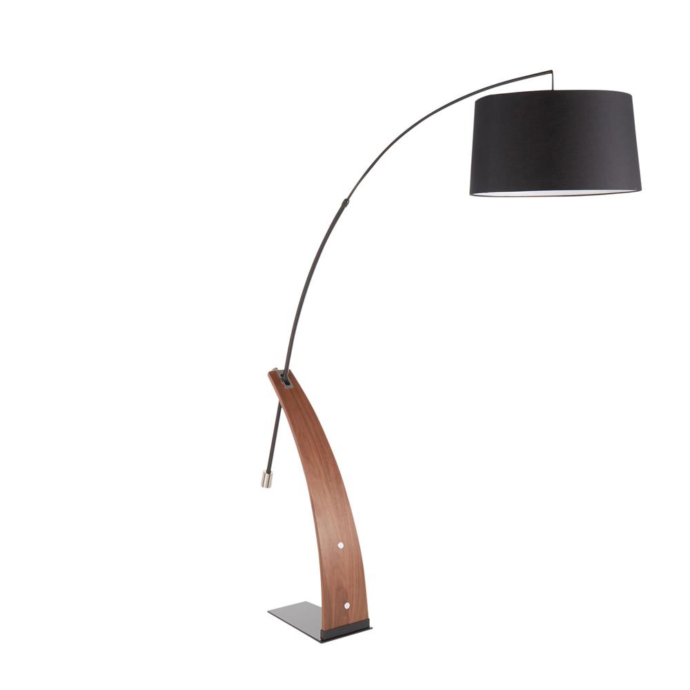Robyn Mid-Century Modern Floor Lamp in Walnut Wood and Black Shade. Picture 1