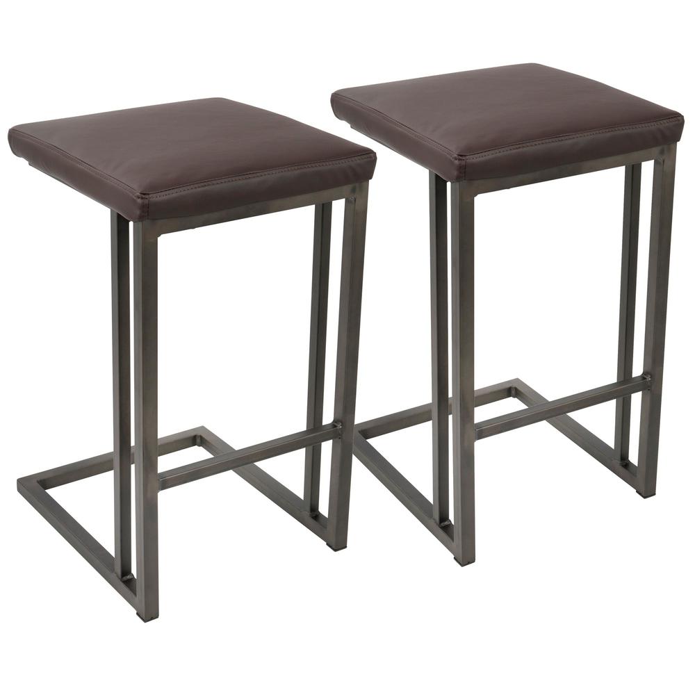 Roman Industrial Counter Stool in Antique and Espresso Faux Leather - Set of 2. Picture 1