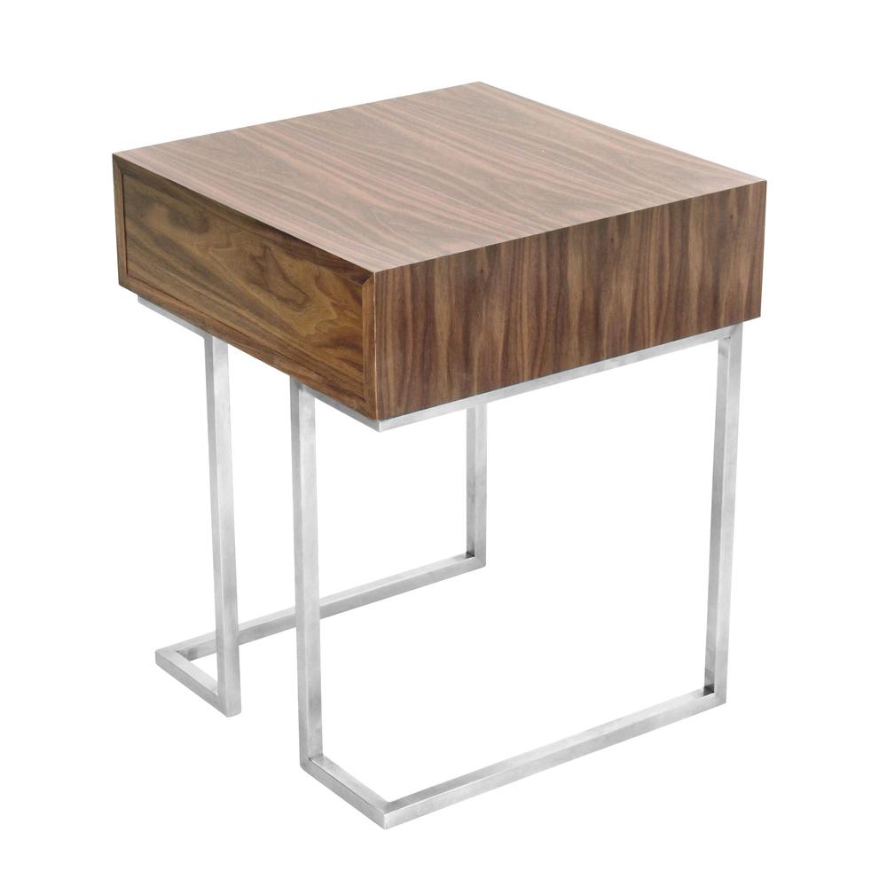 Roman Contemporary End Table in Walnut Wood and Stainless Steel. Picture 3