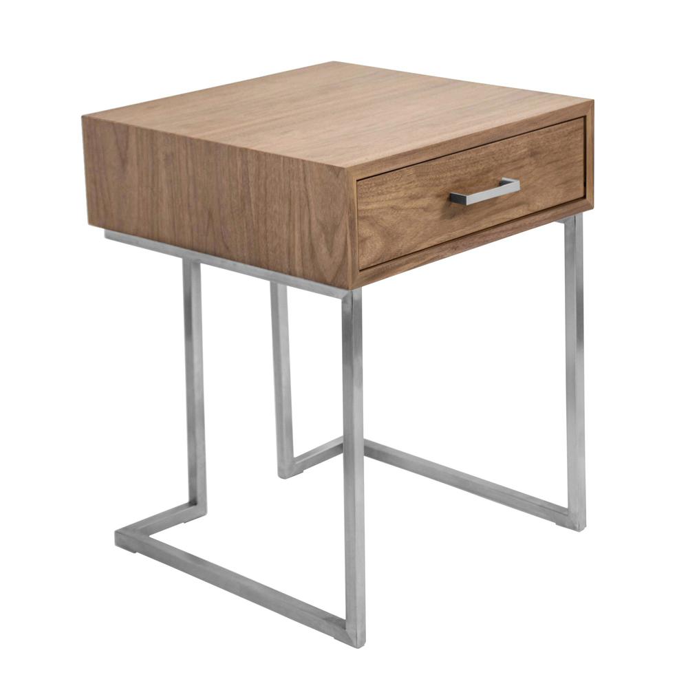 Roman Contemporary End Table in Walnut Wood and Stainless Steel. Picture 1