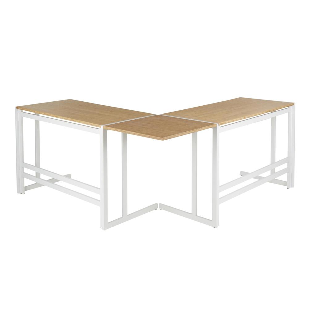 Roman Industrial "L" Shaped Desk in White Metal and Natural Wood-Pressed Grain Bamboo. Picture 3