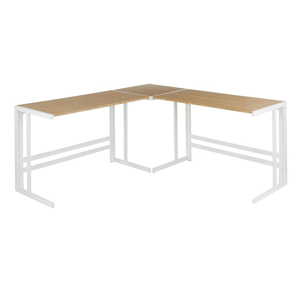 Roman Industrial "L" Shaped Desk in White Metal and Natural Wood-Pressed Grain Bamboo. Picture 1
