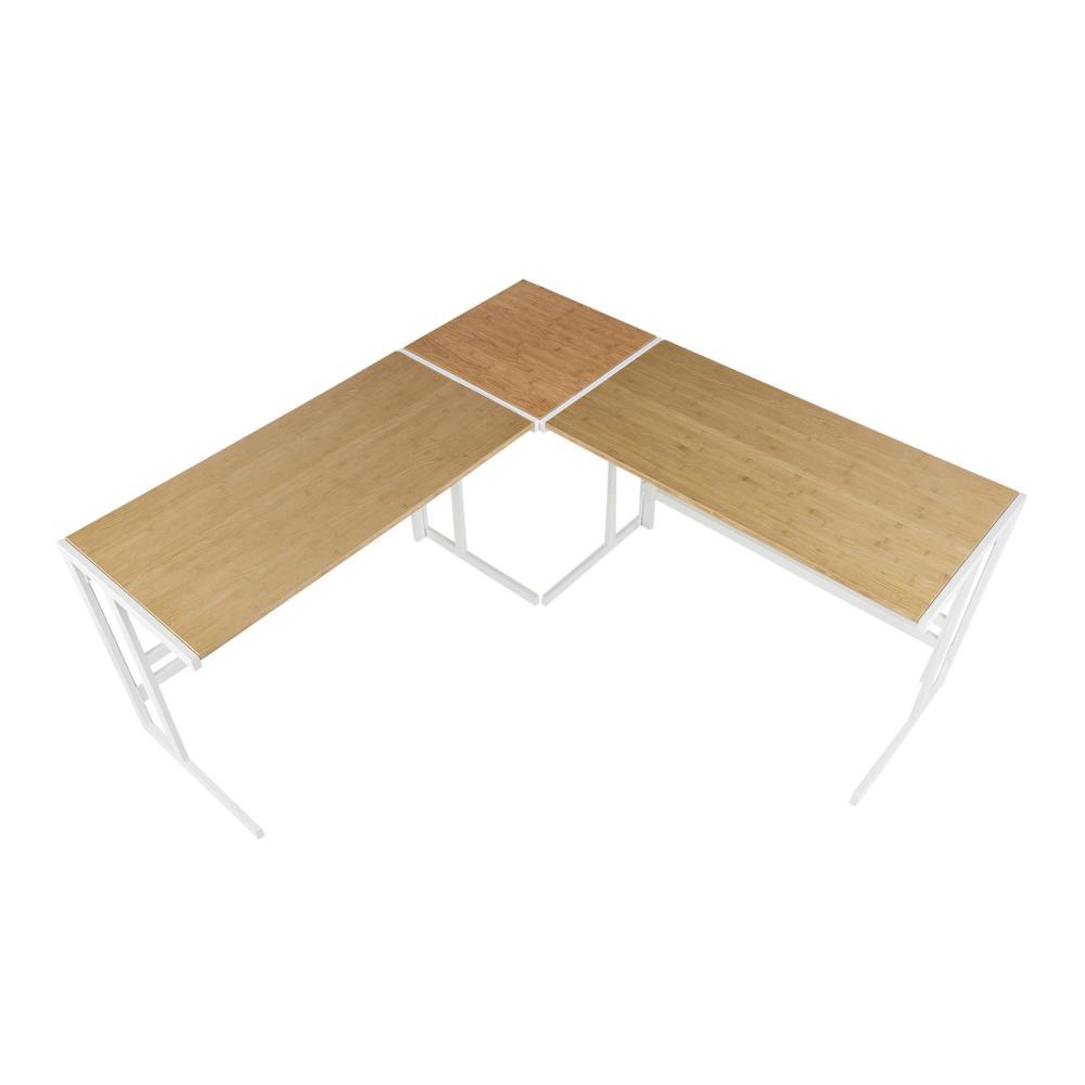 Roman Industrial "L" Shaped Desk in White Metal and Natural Wood-Pressed Grain Bamboo. Picture 4