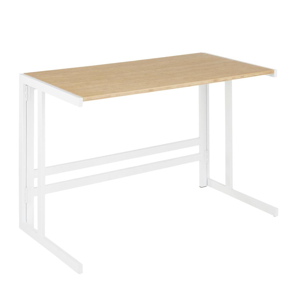 Roman Industrial Office Desk in White Metal and Natural Wood-Pressed Grain Bamboo. Picture 1