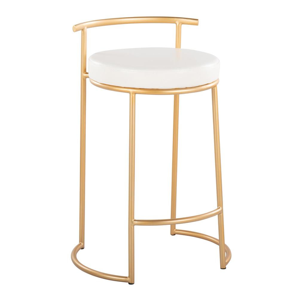 Gold Metal, White PU Round Fuji 26" Fixed-Height Counter Stool - Set of 2. Picture 2